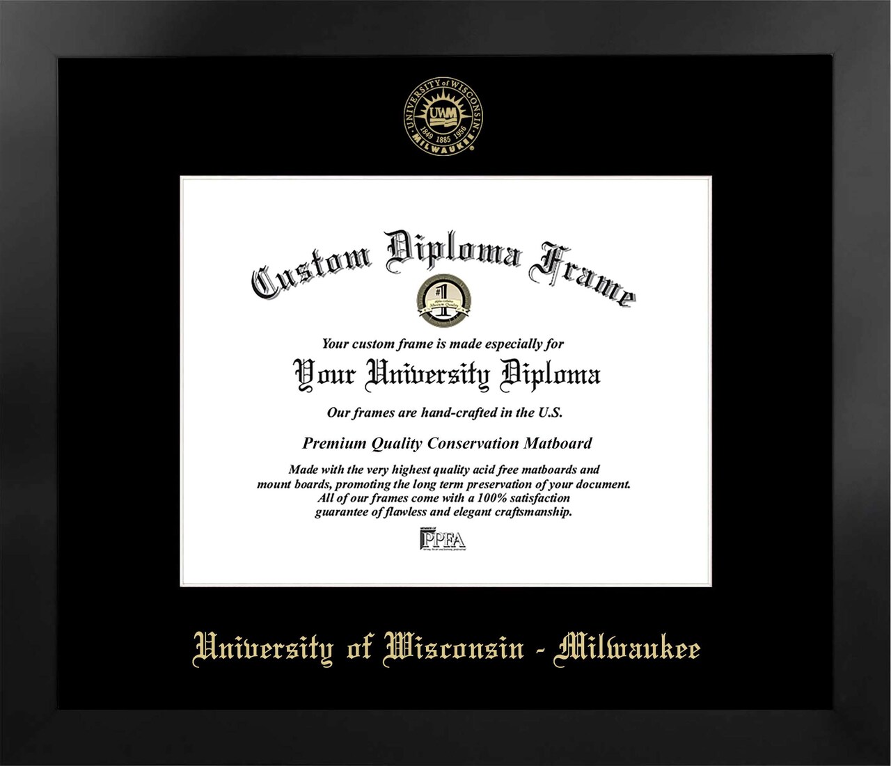 University of Wisconsin, Milwaukee 10w x 8h Manhattan Black Single Mat Gold Embossed Diploma Frame with Bonus Campus Images Lithograph (value savings at $59)